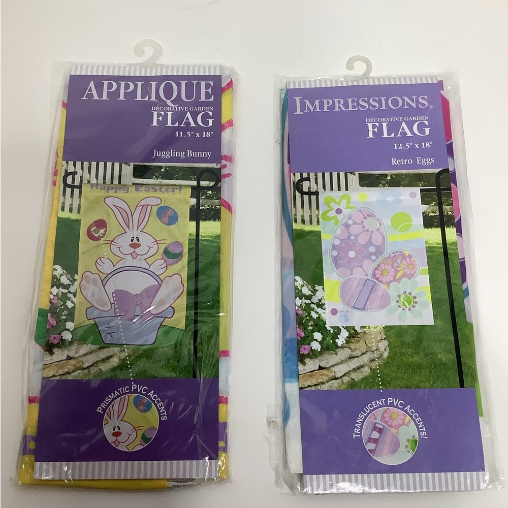 New Easter Juggling Bunny Retro Eggs Impressions Garden Flag Set Of 2 New NWT